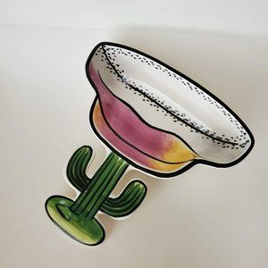 Clay Art Figural Serving Bowl, Salsa Pattern, Margarita Glass Cactus Shape Dish